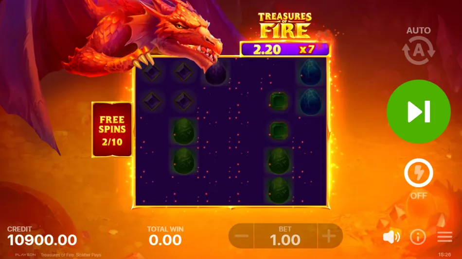 Collapsing symbols cascade refilling the grid in Treasures of Fire: Scatter Pays