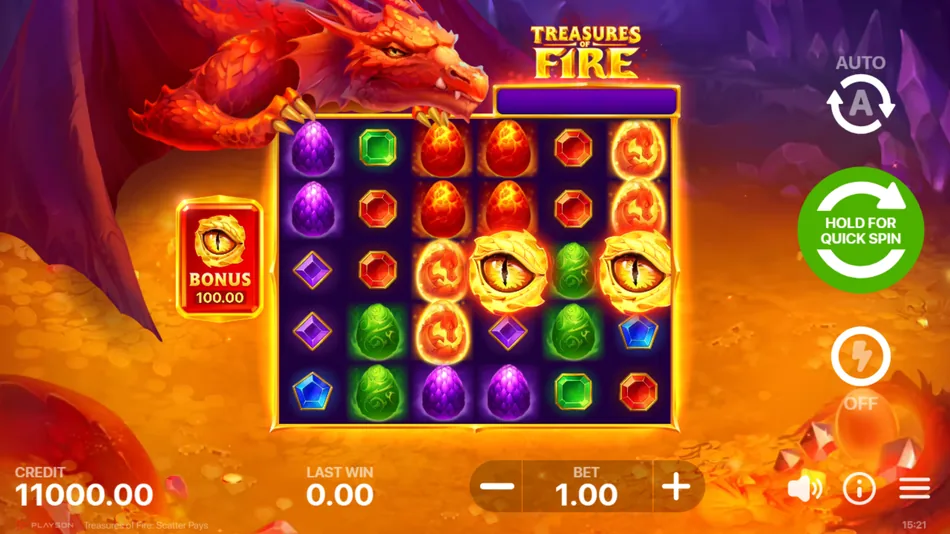 Treasures of Fire: Scatter Pays base game 6x5 grid with dragon egg symbols