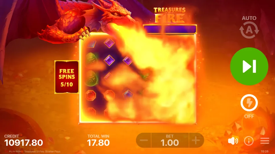 Fire Breath Feature activating during Free Spins in Treasures of Fire: Scatter Pays