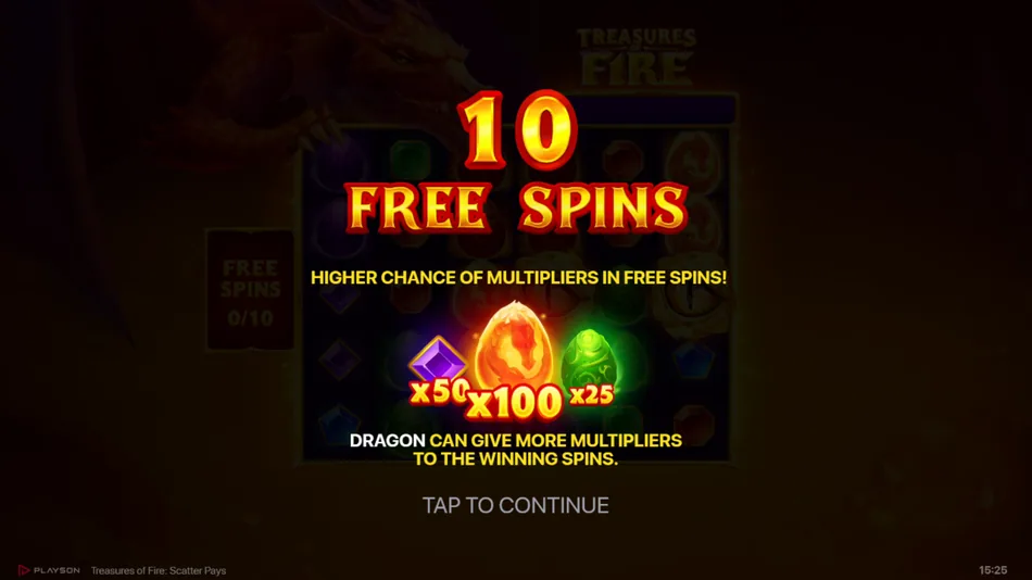 Free Spins retrigger notification with Dragon Eye scatter symbols in Treasures of Fire: Scatter Pays