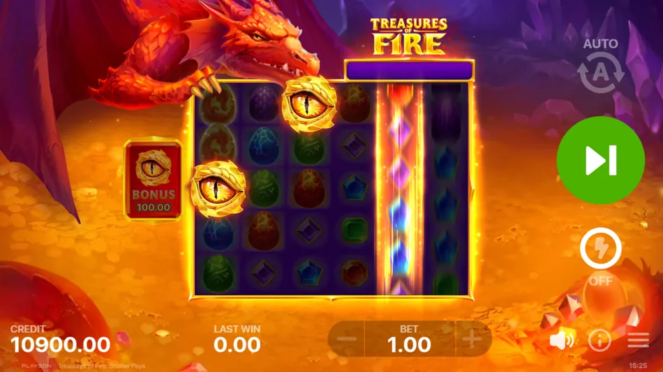 Free Spins trigger screen with Dragon Eye scatter symbols in Treasures of Fire: Scatter Pays